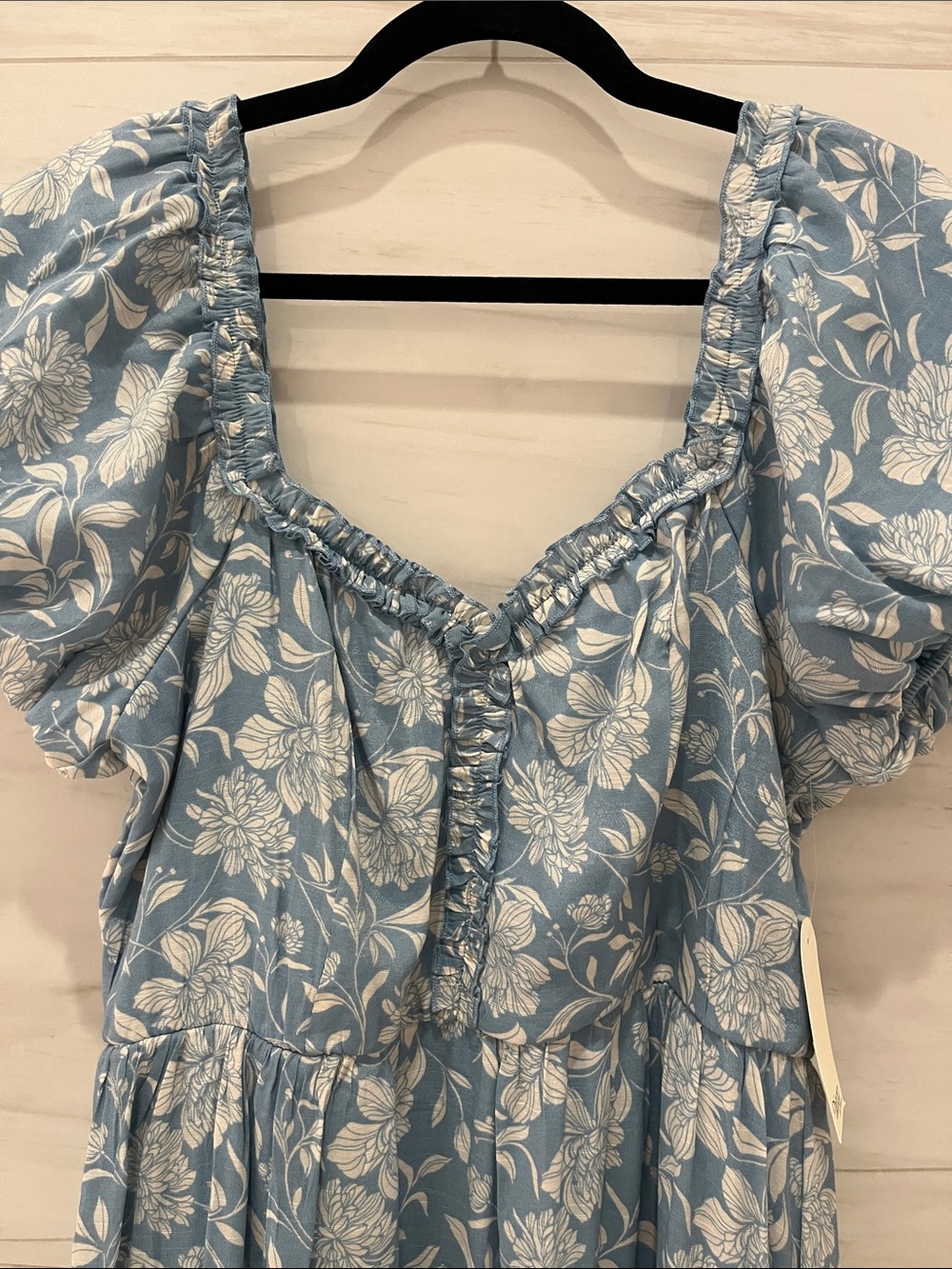 Light Blue Floral Puff-Sleeve Tiered Midi Dress